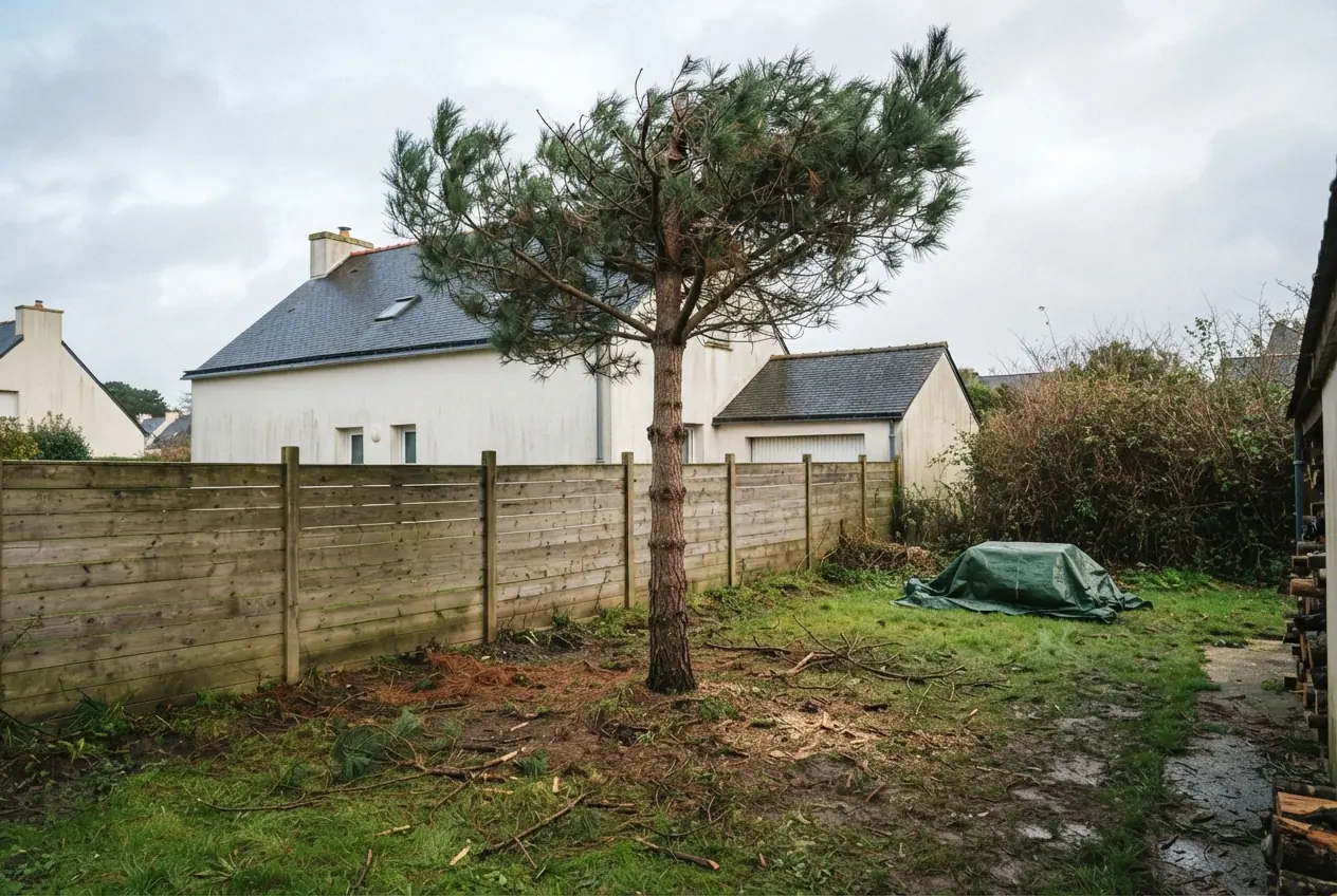 Pin dangereux avant démontage dans un jardin à Lorient