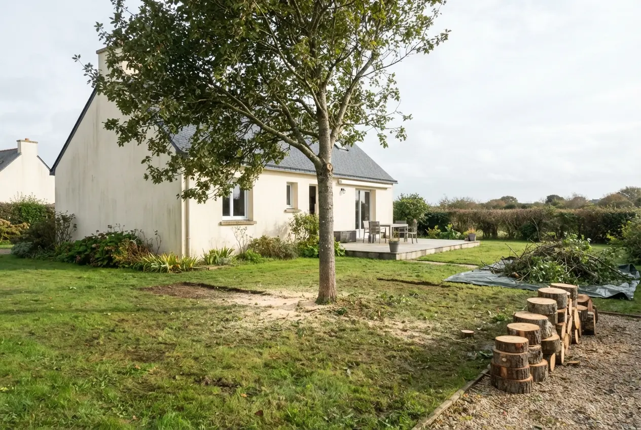 Pin incliné avant abattage dans un jardin à Ploemeur