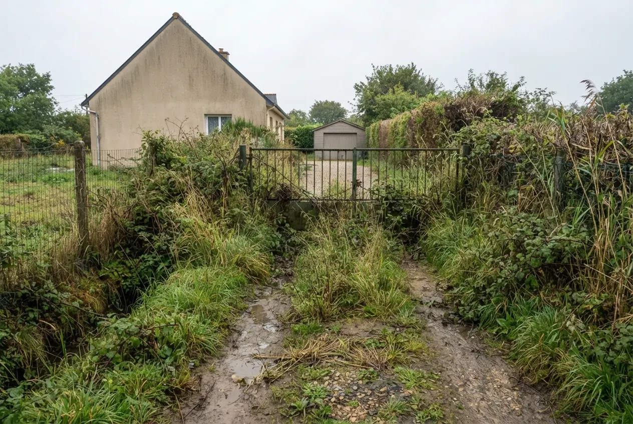 Accès de terrain encombré avant chantier à Caudan