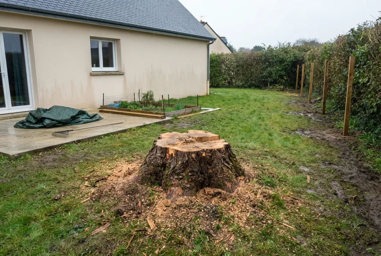 Souche gênante avant rognage dans un jardin de Quéven
