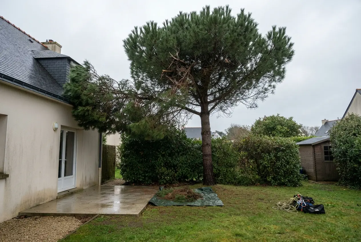 Pin dense avant élagage dans un jardin à Lorient