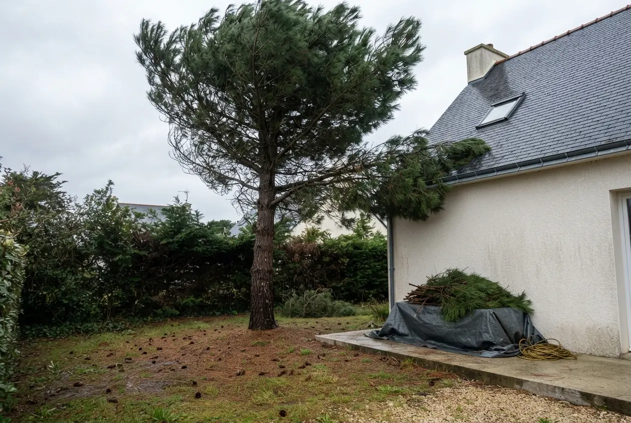 Arbre encombrant avant intervention en grimpe à Larmor-Plage