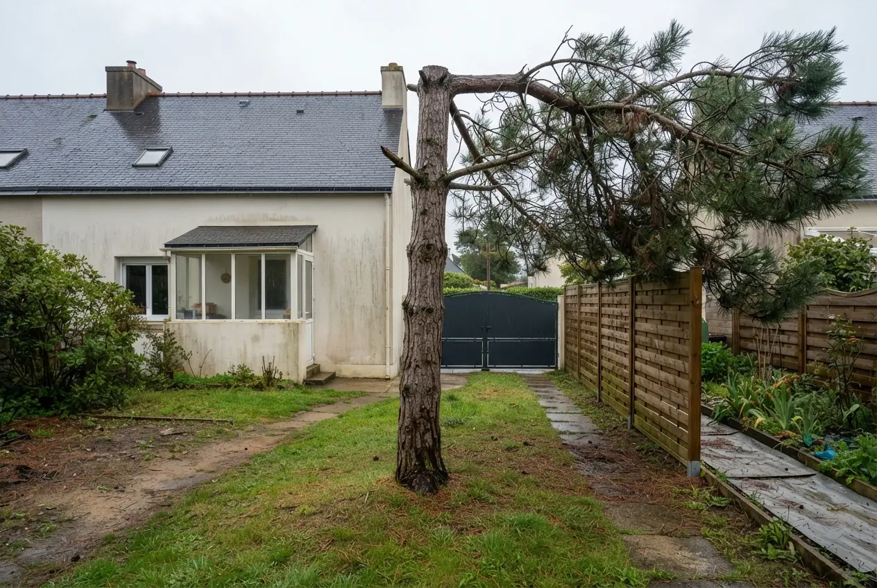 Pin dangereux incliné dans un jardin à Lorient