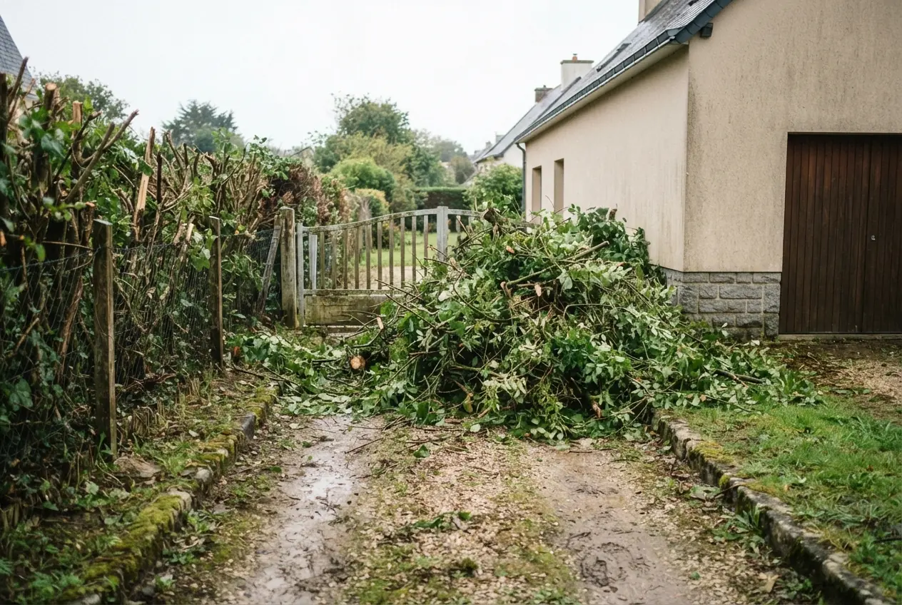 Amas de branches dans une cour à Hennebont