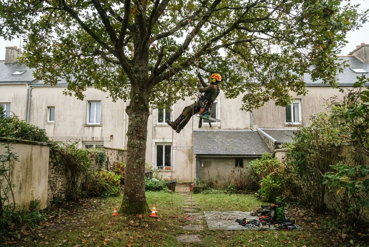 Élagueur grimpeur sécurisé dans un arbre à Hennebont